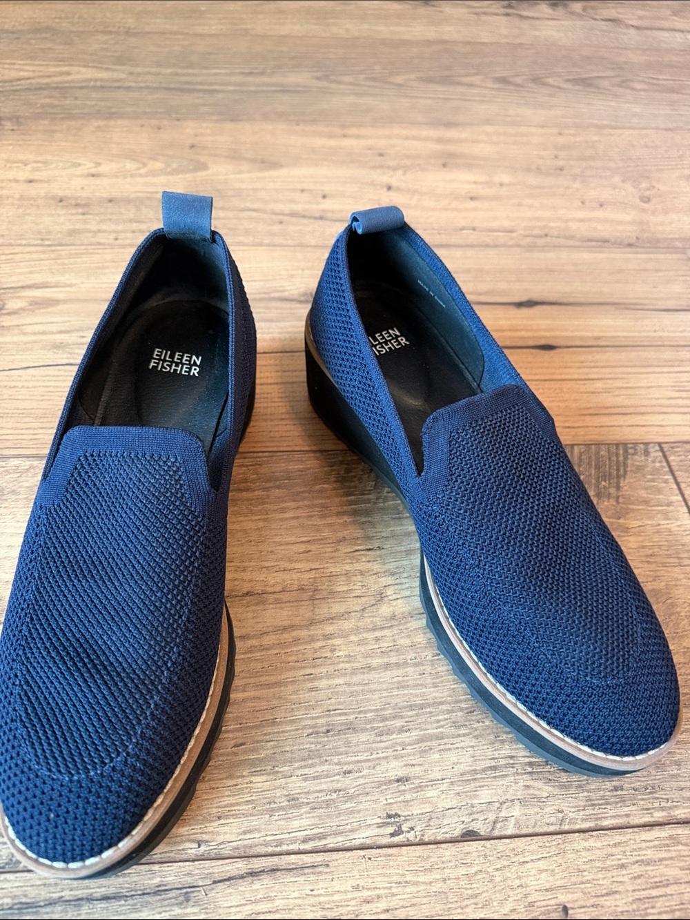 Eileen Fisher Lindy Recycled Stretch Knit Platform Wedge Loafer Shoes Navy 8